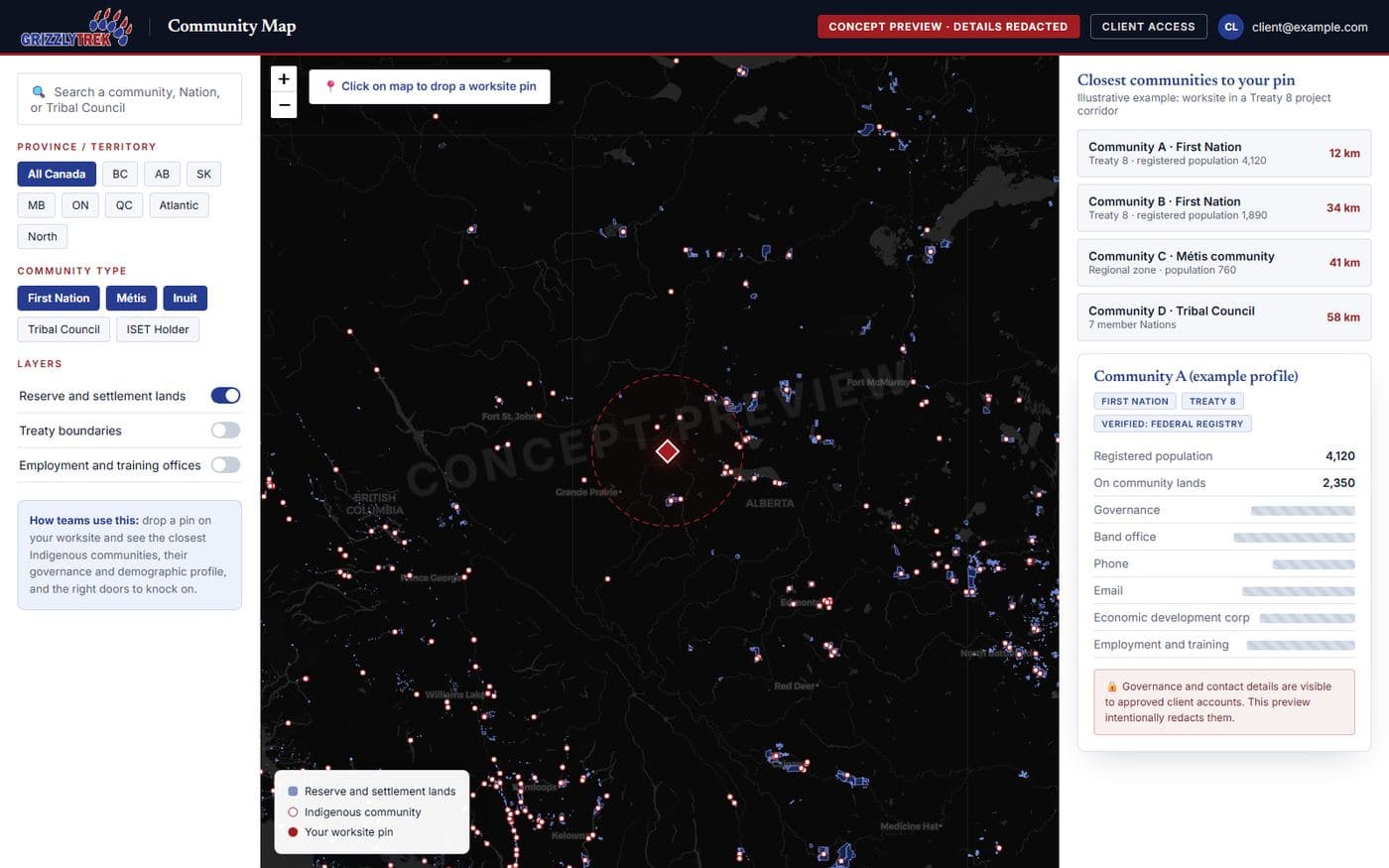 Preview of the GrizzlyTrek Community Map showing Indigenous communities and reserve lands across Canada