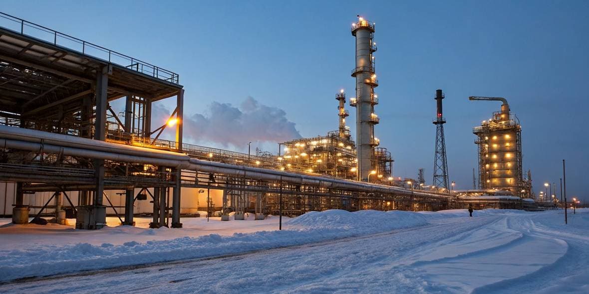 Industrial workforce site, process plant and pipe racks lit at blue hour in winter
